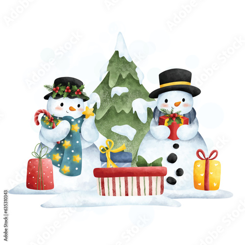 Watercolor illustration cute snowman with Christmas tree and gifts