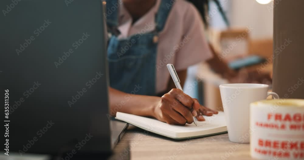 Ecommerce, laptop and black woman writing notes, ideas and digital research on internet website. Planning, web search and African small business owner with online project, notebook and pen in home.