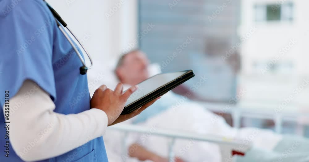 Tablet, woman hands and nurse at hospital with elderly patient and medical results in ICU. Clinic, healthcare worker and technology with doctor, insurance and nursing data for surgery and care