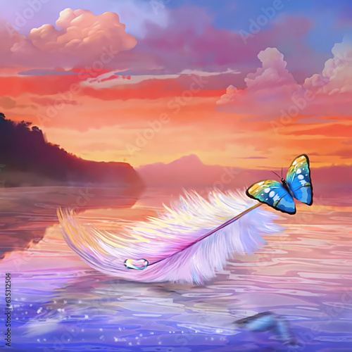 a butterfly with a feather in the water