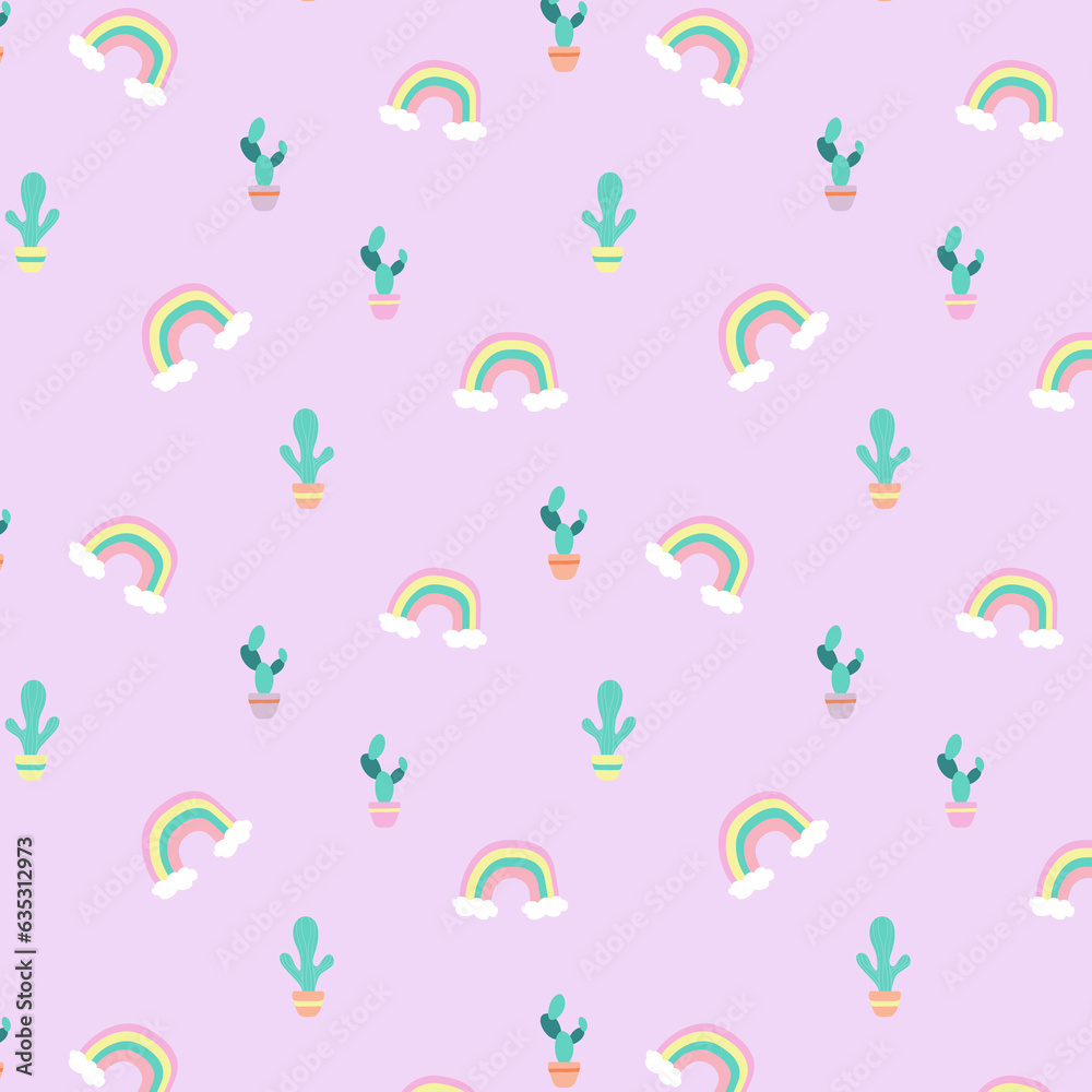 Rainbow Cactus Allover Seamless Pattern Design Artwork 