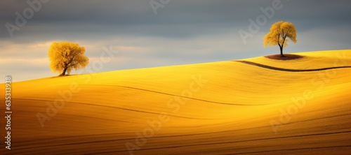 Yellow field with two trees after harvest. AI Generation © Olmyntay