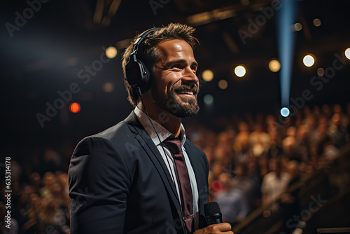 Portrait of a handsome young man with headphones singing in a nightclub