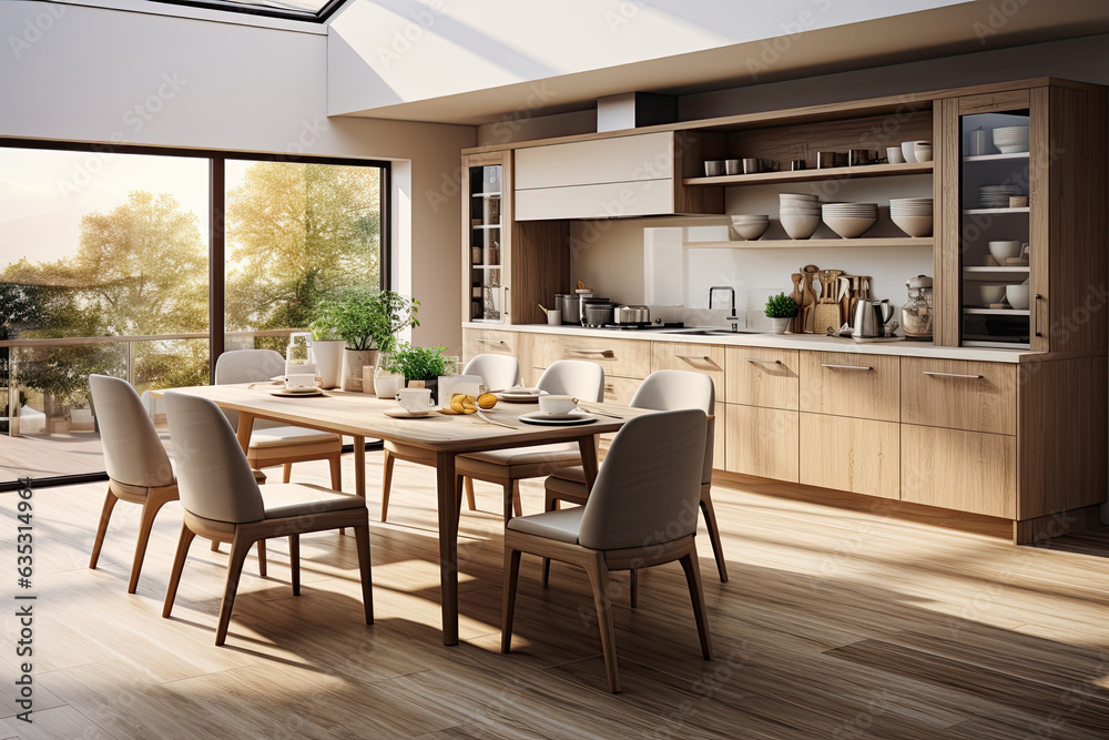 Spacious bright kitchen with wooden dining table. modern kitchen interior design. Generative AI