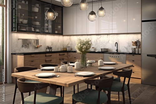 Spacious bright kitchen with dining table. Modern kitchen interior. Generative AI