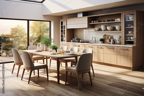 Spacious bright kitchen with wooden dining table. modern kitchen interior design. Generative AI © Dinara