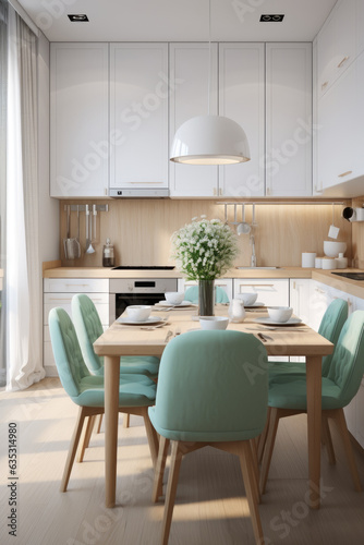 Bright kitchen with dining table. Modern kitchen interior. Generative AI