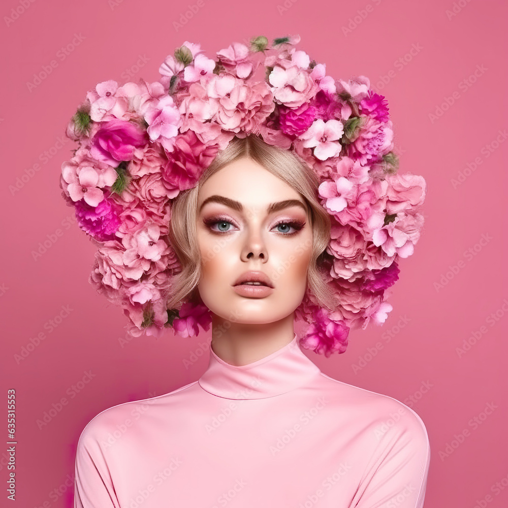 Young beautiful woman with flowers in her hair, fashion, makeup, fashion illustration