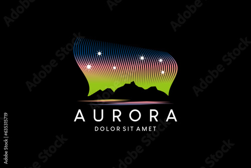 Colorful aurora borealis logo design, vector illustration of polar sky radiance over mountains