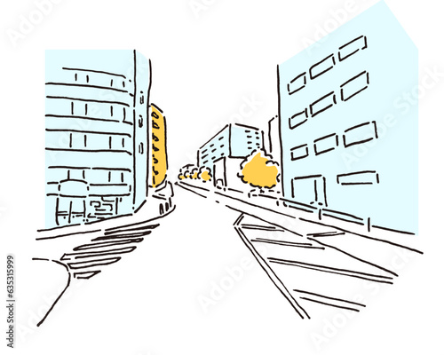 街の中の坂道の風景イラスト、スケッチ、シンプル