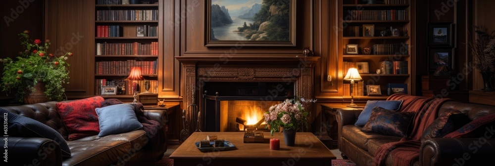 oil painting of a cozy living room with a fireplace, generative AI