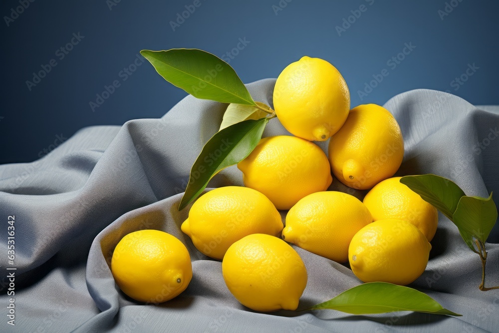 Vibrant yellow lemons contrast beautifully against an Ultimate gray tablecloth, presented in an isometric minimalistic still life.