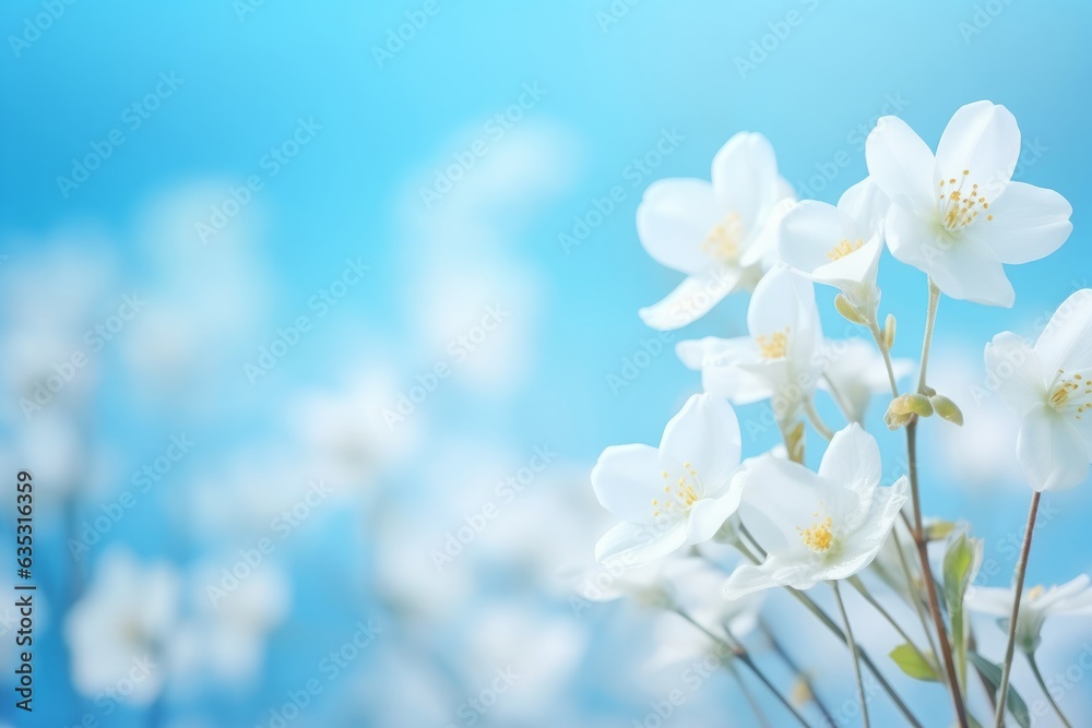 White spring primroses bloom against a soft blue backdrop in a forest macro shot. Ethereal nature scene with space for text. Romantic and gentle imagery. White spring primroses bloom against a soft blue backdrop in a forest macro shot. Ethereal nature scene with space for text. Romantic and gentle imagery.