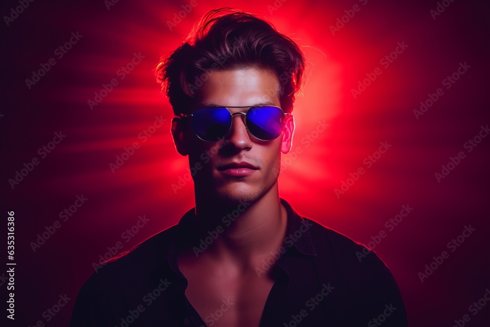 A fashion-forward portrait of a young man adorned in sunglasses against a moody dark backdrop, exuding confidence, style, and nighttime allure with strategic lighting.
A fashion-forward portrait of a young man adorned in sunglasses against a moody dark backdrop, exuding confidence, style, and nighttime allure with strategic lighting.
