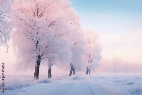 A serene winter landscape captures frost-kissed trees standing tall against a mysterious foggy backdrop.