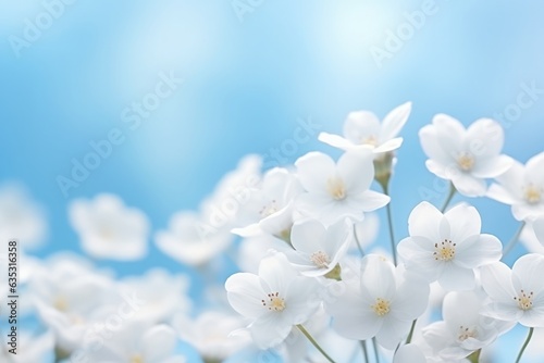 White spring primroses bloom against a soft blue backdrop in a forest macro shot. Ethereal nature scene with space for text. Romantic and gentle imagery.