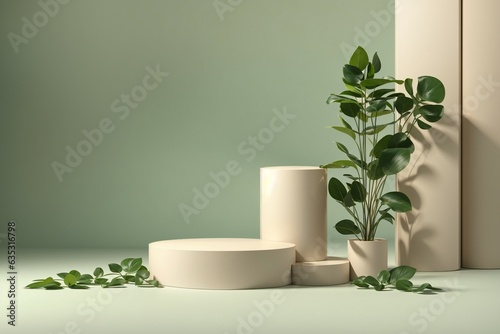 3d render of minimal product display podium with tropical leaves. Mock up for design