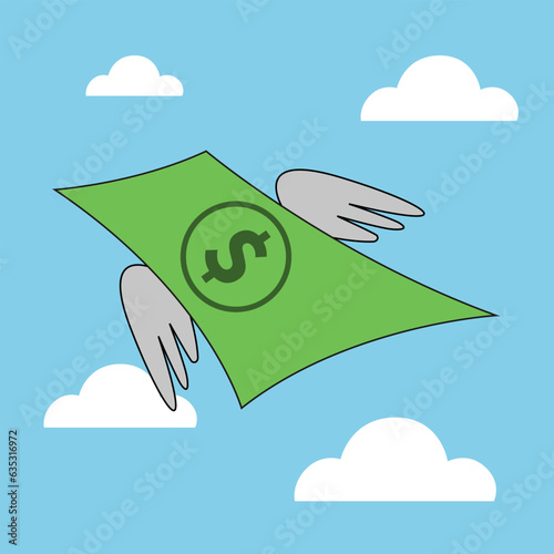 Winged money note. Loss of money concept. Vector