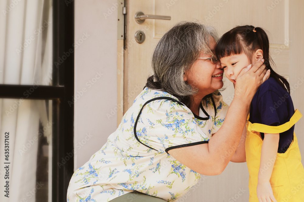 Adorable granddaughter showing love, bonding, warm heart, standing and kissing Grandma's cheek in front of the door before going to kindergarten. - obrazy, fototapety, plakaty 