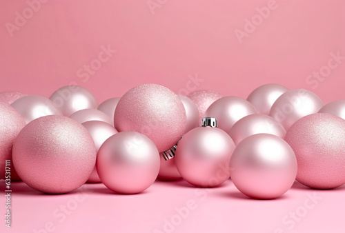 Winter holiday background. Festive white and pink Christmas decorations and baubles.