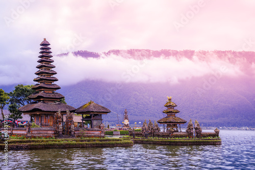 Pura Ulun Danu Bratan. Hindu temple on Bratan lake landscape. One of famous tourist attraction in Bali. Indonesia