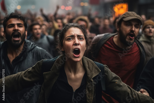 Aggressive emigrant rebel crowd protesting screaming angry woman covered in blood outdoors