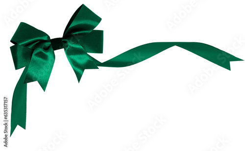 Green ribbon with red bow on top left corner, transparent and white background, PNG image.
