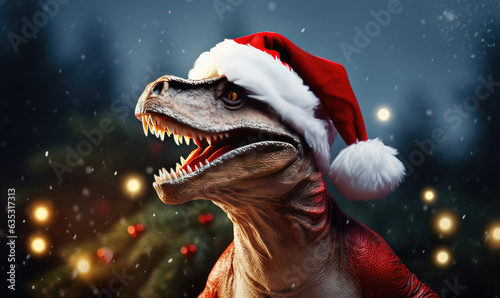 A portrait of a Dinosaur wearing a Santa hat and a red coat,digital art,illustration,Design,vector,art generate Ai © Sattawat