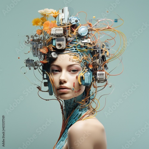 Human and technology concept. AI (Artificial Intelligence). Communication network. Surrealistic. Generative ai photo