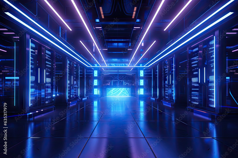Data storage server warehouse room with neon light glowing trails, futuristic digital technology concept, data network and connection, internet for communication, with Generative Ai.