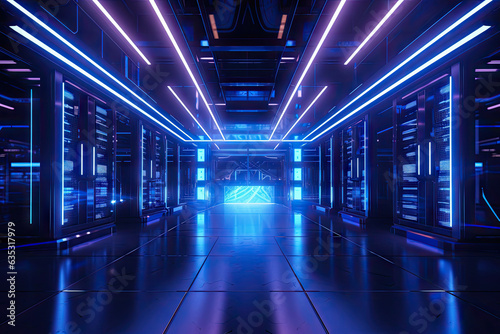 Data storage server warehouse room with neon light glowing trails, futuristic digital technology concept, data network and connection, internet for communication, with Generative Ai.