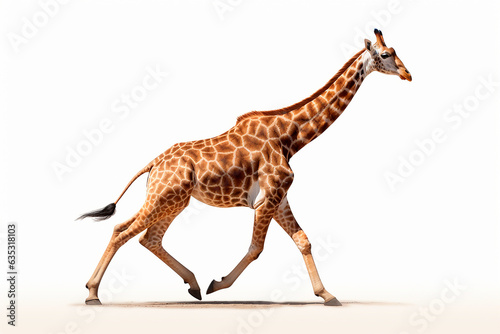 Giraffe isolated on white background running. Animal right side portrait.