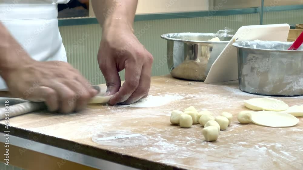 4K hands of senior bakery chef applying flour, old man kneading dough, making bread using traditional recipe, 4K hands of senior bakery chef applying flour, old man kneading dough, making bread using traditional recipe,