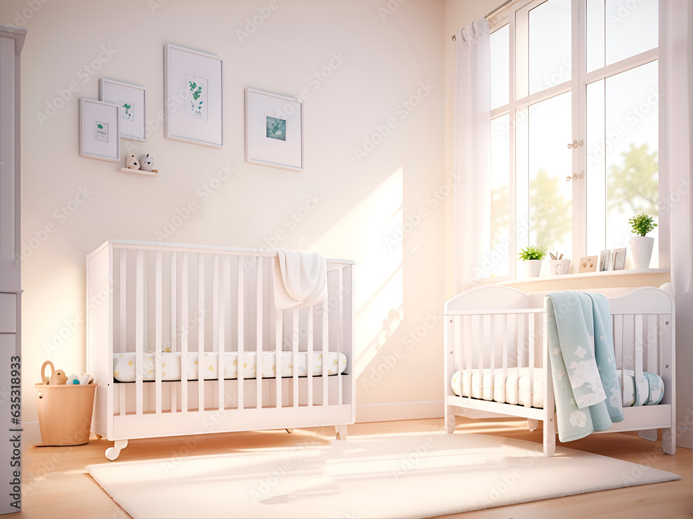 baby crib and white empty picture frames, sunlight falls on the wall, 3d rendering, scandinavian style interior - obrazy, fototapety, plakaty 