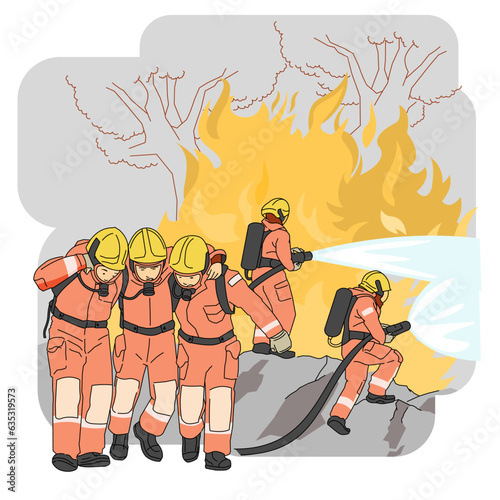 Firefighters trying to put out forest fire wildfire rage burning 