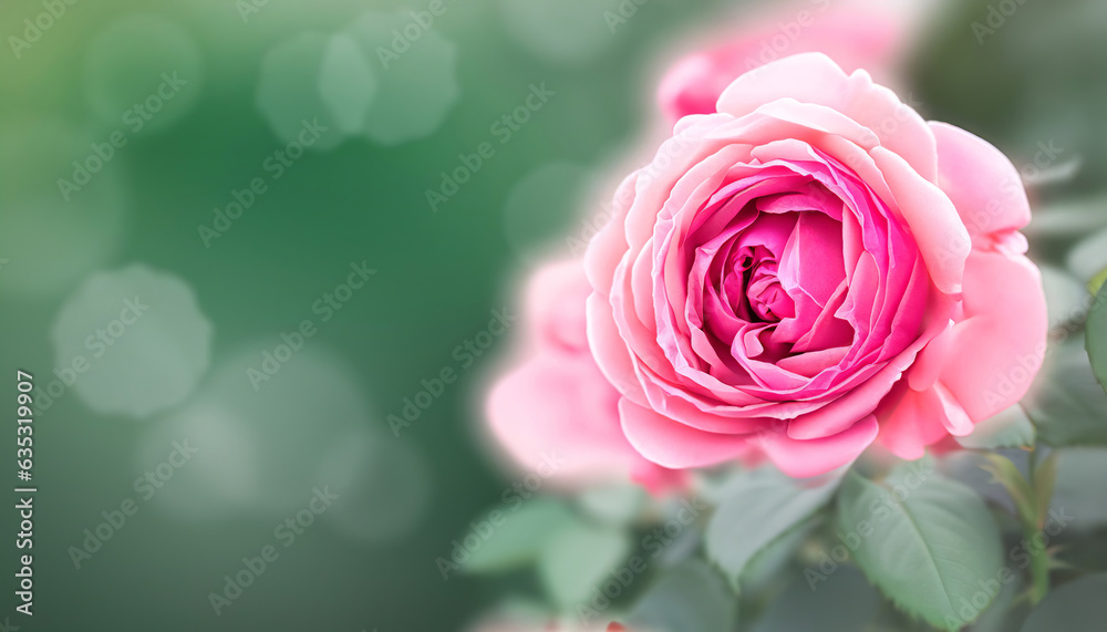 Pink rose, Horizontal banner with rose of pink color on blurred background - Generative Ai Pink rose, Horizontal banner with rose of pink color on blurred background - Generative Ai