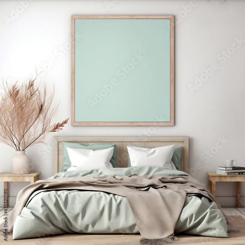 mockup, blank poster canvas, in bedroom, soft white for wall. accents of light beiger and seafoam green, beach shades. AI Generated Images