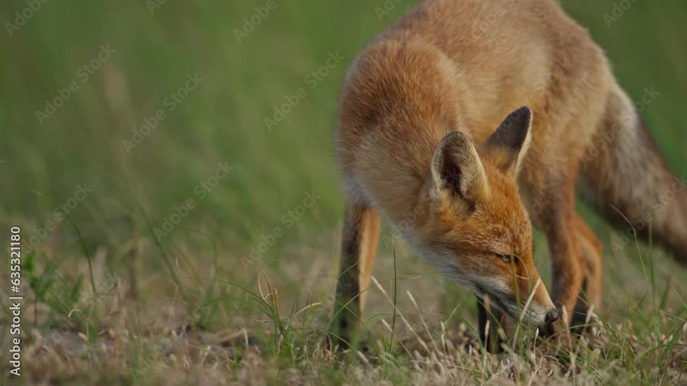 Frontal slomo view of red fox foraging for food along coastline Frontal slomo view of red fox foraging for food along coastline