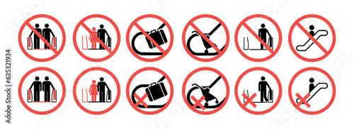 Escalator sign, Escalate sign and warning vector set. Simple set of escalation vectors sign vector icons for metro, underground, subway, MTR and MRT. For safe work. For any use. Warns. Vector.