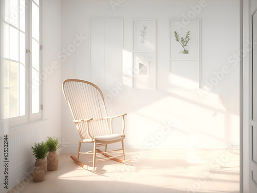 interior with one rocking chair and white empty picture frames, sunlight falls on the wall, wooden slats wall, 3d rendering, scandinavian style interior