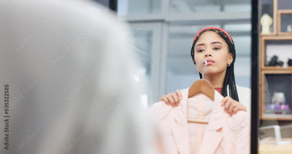 Shopping, mirror and woman with jacket choice for fashion in a store or designer boutique for retail purchase. Shop, decision and person or customer check quality of clothing in reflection in mall Shopping, mirror and woman with jacket choice for fashion in a store or designer boutique for retail purchase. Shop, decision and person or customer check quality of clothing in reflection in mall