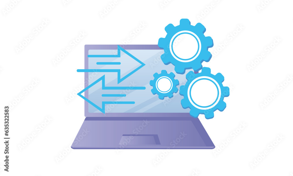 Laptop screen forwarding arrows and a gear wheel on laptop symbolic of web development.on white background.Vector Design Illustration. Laptop screen forwarding arrows and a gear wheel on laptop symbolic of web development.on white background.Vector Design Illustration.