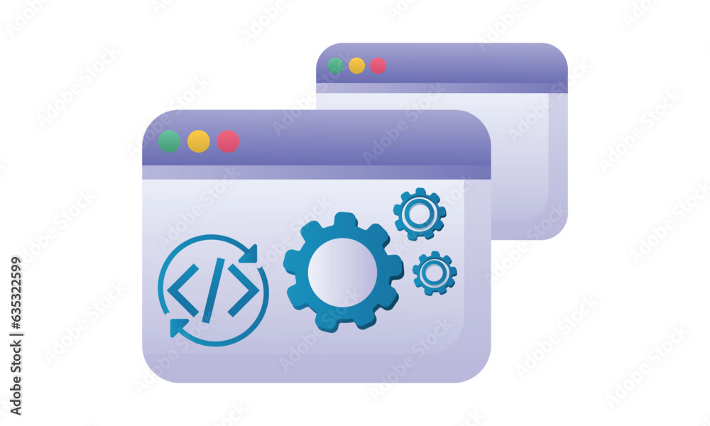 Web page with two cogwheels and coding sign at the top, denoting icon.on white background.Vector Design Illustration. Web page with two cogwheels and coding sign at the top, denoting icon.on white background.Vector Design Illustration.