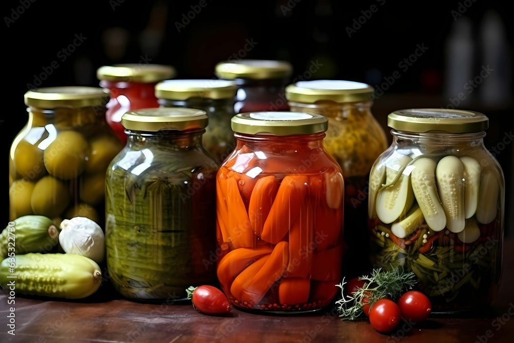 Glass jars with various pickled vegetables include cucumbers, tomatoes and cabbage Glass jars with various pickled vegetables include cucumbers, tomatoes and cabbage