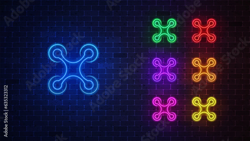 Drone neon icon set. Glowing drone line sign. Vector illustration