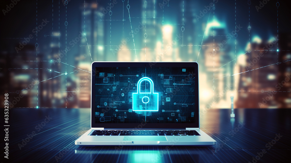 laptop on the screen lock. Cyber security, data protection concept, digital design laptop on the screen lock. Cyber security, data protection concept, digital design