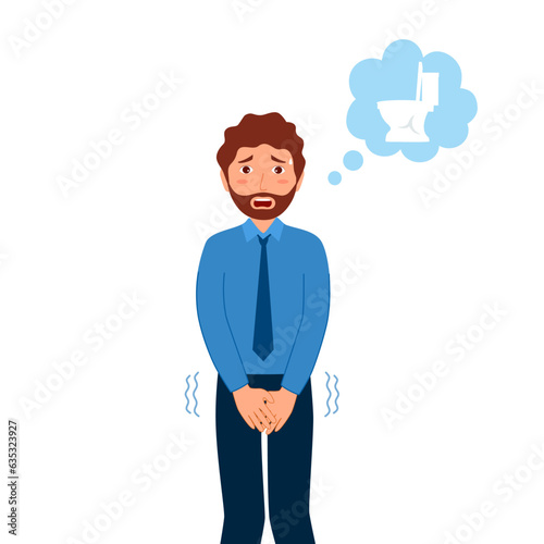 Man painful urination concept vector illustration. Diarrhea symptom. Businessman need toilet.
