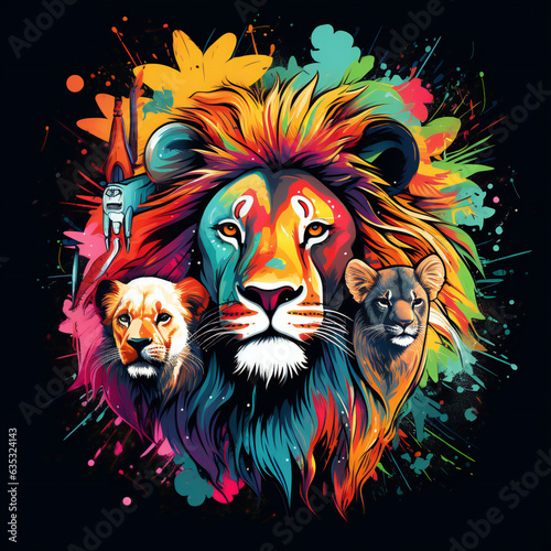 animals illustration tshirt design with colorful splash