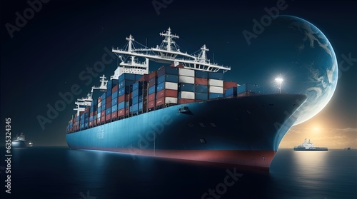 A loaded containerized cargo ship seen from the side while cruising in the night over the sea. Generative AI