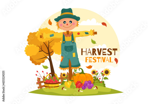 Happy Harvest Festival Vector Illustration of Autumn Season Background with Pumpkins, Maple Leaves, Fruits or Vegetables in Flat Cartoon Templates